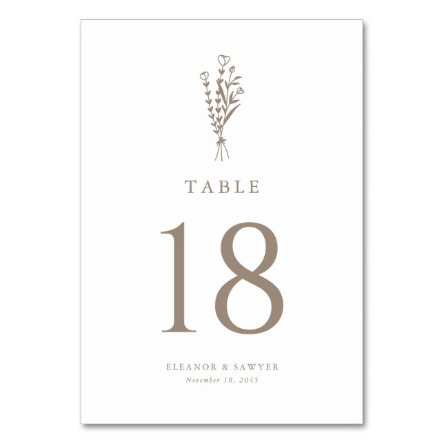 Taupe Modern Minimalist Blommigt Bouquet Bröllop Bordsnummer (Framsidan)