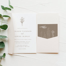 Taupe Modern Minimalist Blommigt Bouquet Bröllop Inbjudningar
