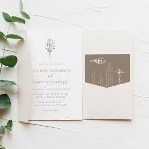 Taupe Modern Minimalist Blommigt Bouquet Bröllop Inbjudningar