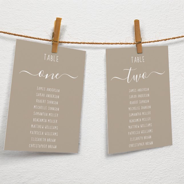 Taupe Modern White Script Brown Seating Chart Card (Skapare uppladdad)