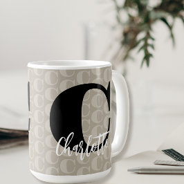 Taupe Monogram Mönster Black White Namn Kaffemugg