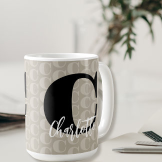 Taupe Monogram Mönster Black White Namn Kaffemugg