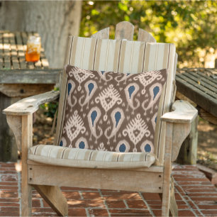 Taupe Mörk Brown Navy Blue Ikat Tribal Mönster Kudde