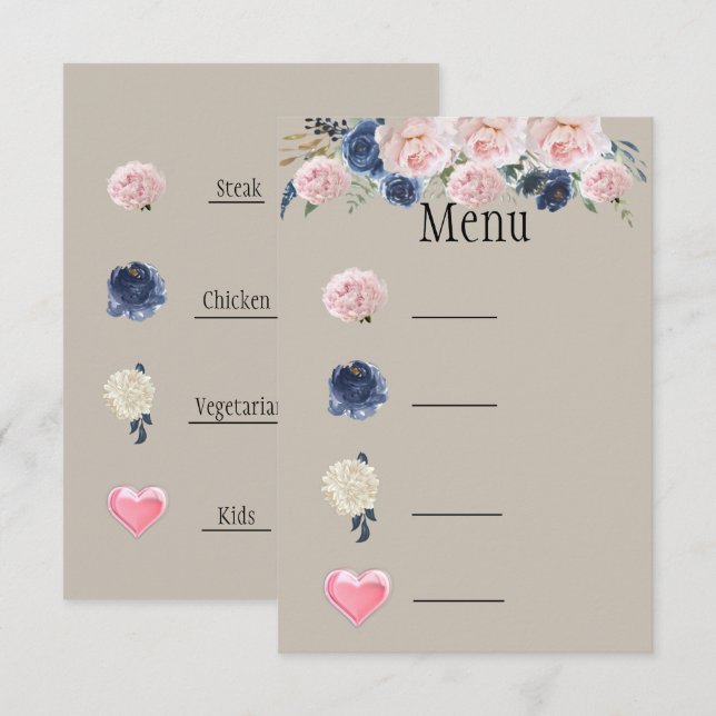 Taupe Navy Blue Rosa Peony Menu Symbols OSA Kort (Fram/baksida)