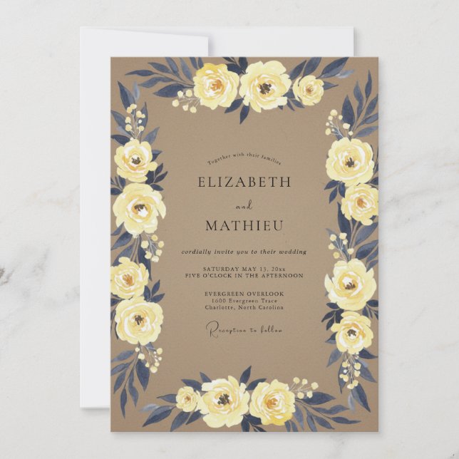 Taupe Navy Ranunculus Eucalyptus Bröllop Inbjudningar (Framsida)