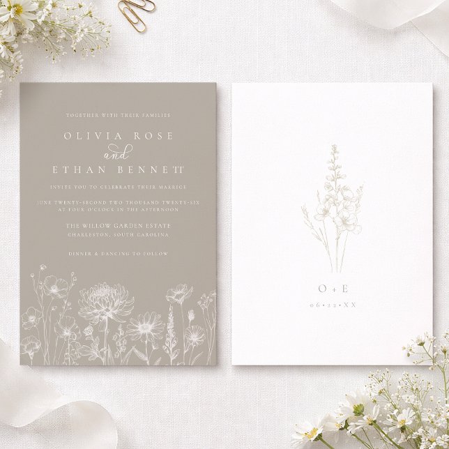 Taupe Neutral Wildflower Wedding Invitation Inbjudningar (Taupe Wedding Invitation)