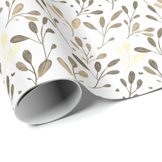 Taupe och Guld Decoupage Löv Mönster Presentpapper (Rullad Hörn)