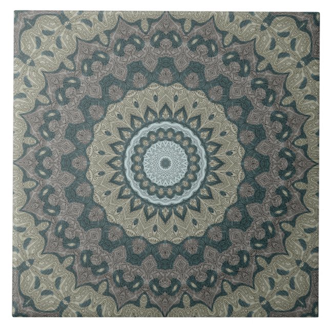 Taupe och Teal Mandala med stamsymmetri Kakelplatta (Framsidan)