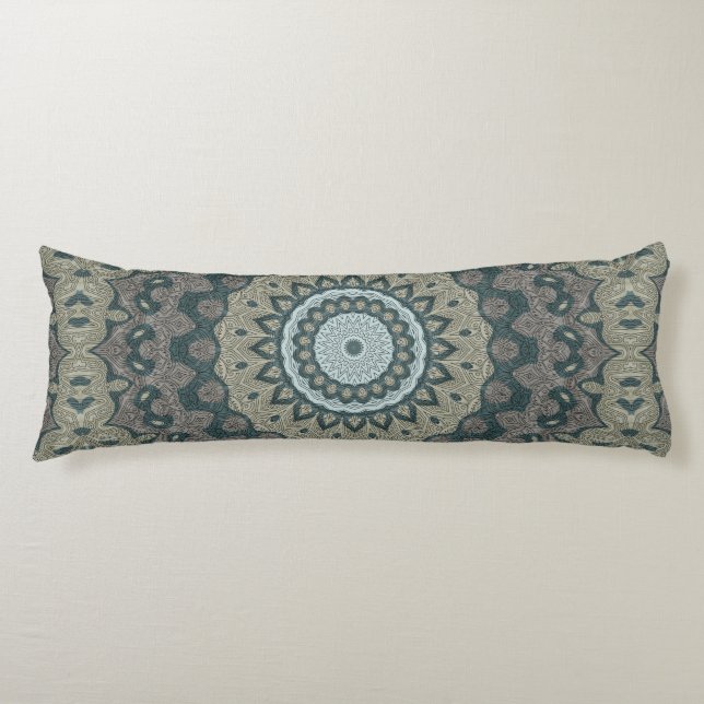 Taupe och Teal Mandala med stamsymmetri Kroppskudde (Framsidan)
