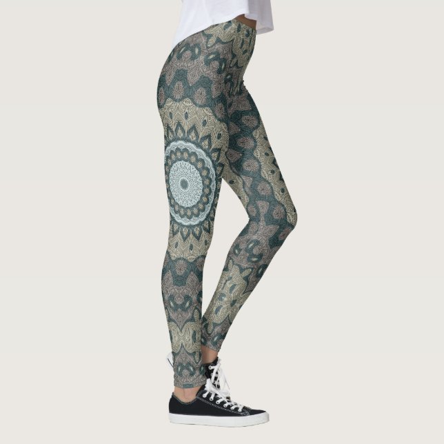 Taupe och Teal Mandala med stamsymmetri Leggings (Höger)