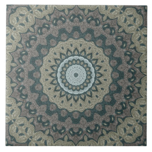 Taupe och Teal Mandala med Tribal Symmetri Kakelplatta