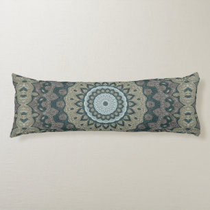 Taupe och Teal Mandala med Tribal Symmetri Kroppskudde