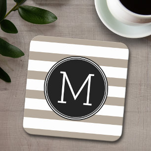 Taupe och vit görad randig mönstersvartMonogram Underlägg Papper Kvadrat
