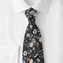 Taupe Och Vita Blommor På Kol Slips