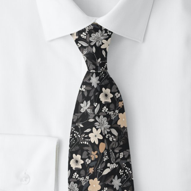 Taupe Och Vita Blommor På Kol Slips (Skapare uppladdad)