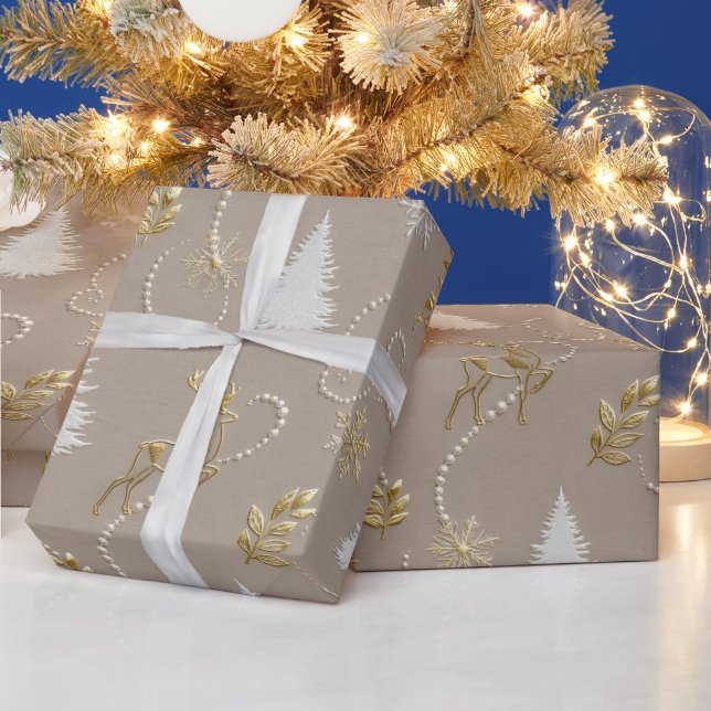 Taupe Pärlren Jul, Champagne Guld  Presentpapper (Helgdagar)