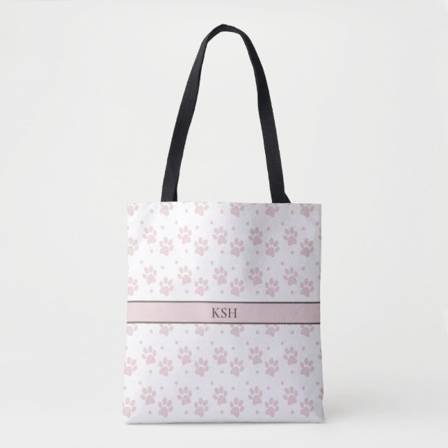 Taupe & Pink Paw Print Tote Bag – Personalized Tygkasse (Framsida)