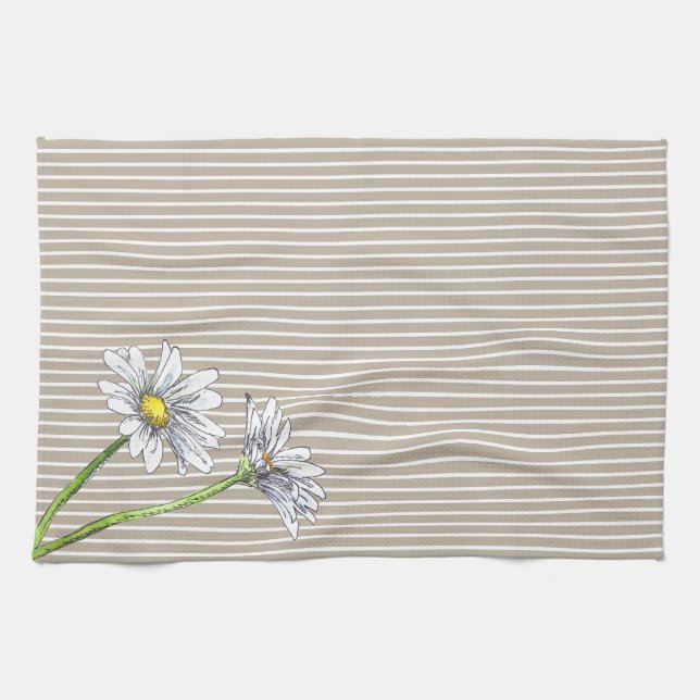 Taupe-randig blommig akvarelldaisy kökshandduk (Horisontell)