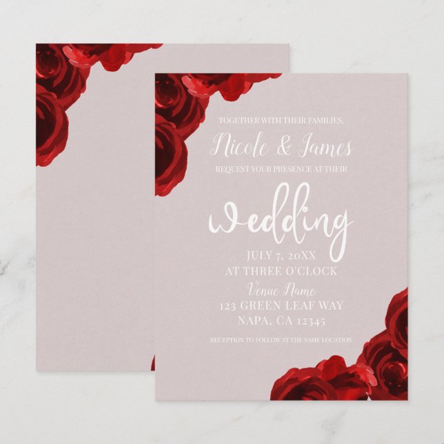 Taupe  Red Watercolor Ro Modern Bröllop Inbjudningar (Fram/baksida)