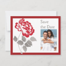 Taupe Red White Peony PHOTO Save Date Card