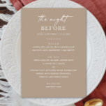 Taupe Rehearsal Dinner | Natt före Smoky Beige Meny<br><div class="desc">Ange en förfinad ton för "Nattens före" med den här elegantens repetitionsmiddagsmeny i en mjuk tauppalett. Designat för par, som kärlek rengör linjer och den moderna enkelheten, är detta lilla smutsiga beige-menykort perfekt för neutraltens tema, contemporary eller bröllop-evenemang på jordklotet. Idealisk för mötes- eller vinterrepetitionsmiddagar. Fullständigt anpassade med dina middagsdetaljer...</div>
