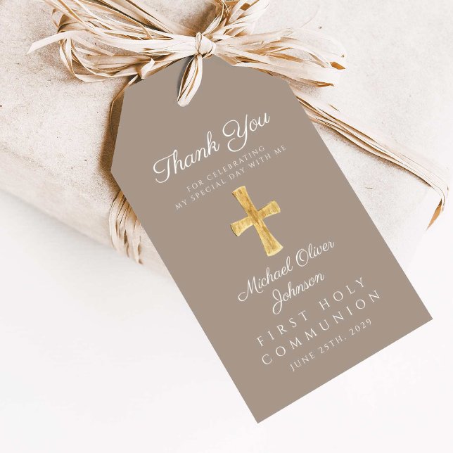 Taupe Religiösa Kor Boy First Communion Presentetikett (Taupe Religious Cross Boy First Communion Gift Tags)