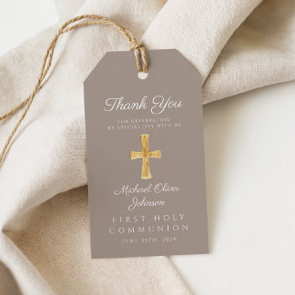 Taupe Religiöst Kors Pojke Första Kommunion Presentetikett