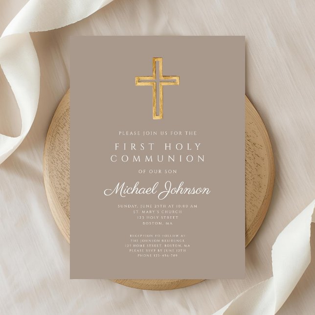 Taupe Religious Cross Boy First Holy Communion Inbjudningar (Taupe Religious Cross Boy First Holy Communion Invitation)