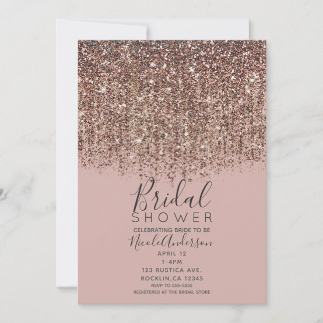 Taupe Rodnad Rosa Brons Guld Glitter Bröllopsfest Inbjudningar (Framsida)