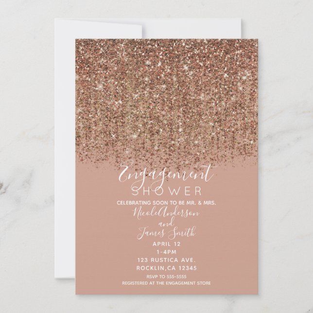 Taupe Rosa & Bronze Guld Glitter Förlovning Shower Inbjudningar (Framsida)