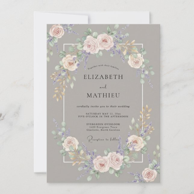 Taupe Rosenskär Peony Bröllop Inbjudningar (Framsida)