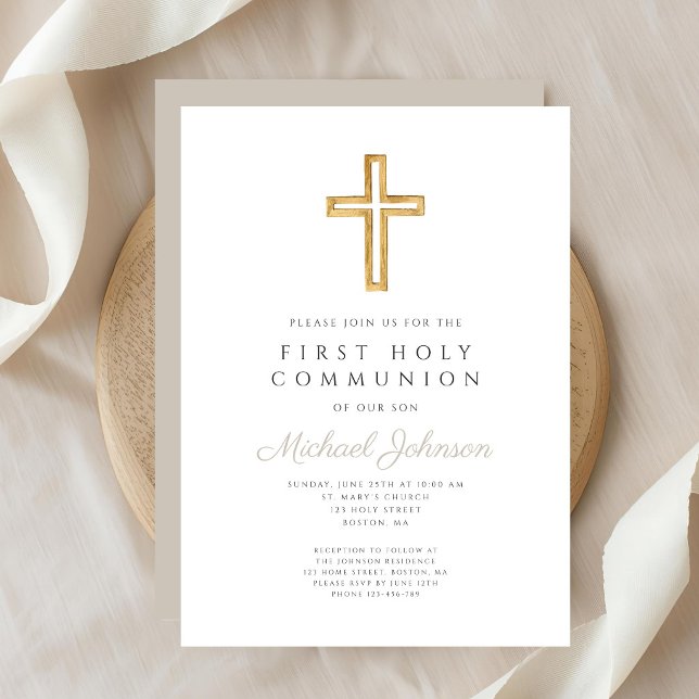 Taupe Script Religious Cross Boy First Communion Inbjudningar (Taupe Script Religious Cross Boy First Communion Invitation)
