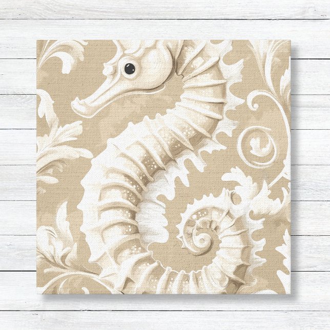 Taupe Seahorse och Flouruses Coastal Canvastryck (Taupe and White Seahorse and Flourishes Coastal Beach House Art - Bathroom Decor)