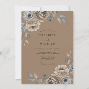 Taupe Silver Ranunculus Eucalyptus Bröllop Inbjudningar