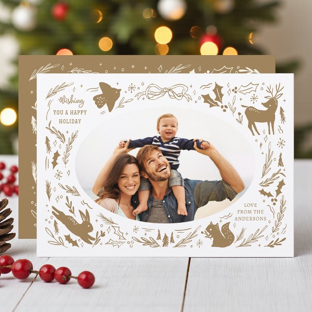 Taupe Skogsglad Jul Familjefoto Julkort (Skapare uppladdad)