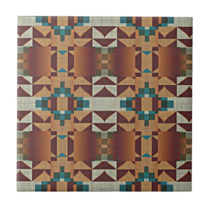 Taupe Terracotta Teal Blue Grönt Ethnic Tribe Art Kakelplatta
