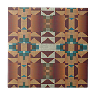 Taupe Terracotta Teal Blue Grönt Ethnic Tribe Art Kakelplatta