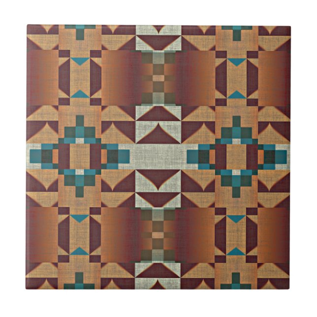 Taupe Terracotta Teal Blue Grönt Ethnic Tribe Art Kakelplatta (Framsidan)