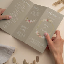 Taupe Tri-fold Boho blommigt bröllopsprogram Flyer