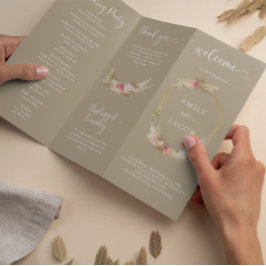 Taupe Tri-fold Boho blommigt bröllopsprogram Flyer