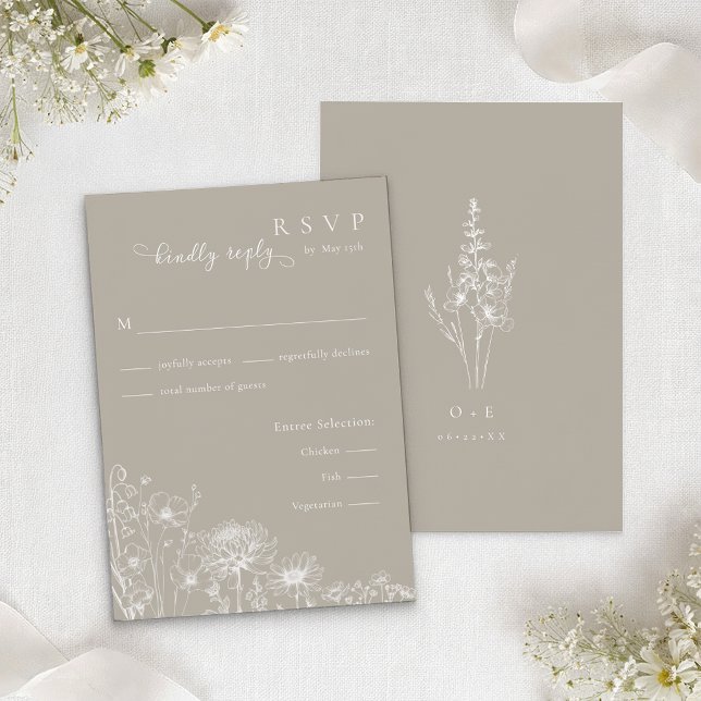 Taupe Vildblomma RSVP-kort Neutralt Bröllopsinlagg Tilläggskort (Taupe RSVP Wedding Insert)