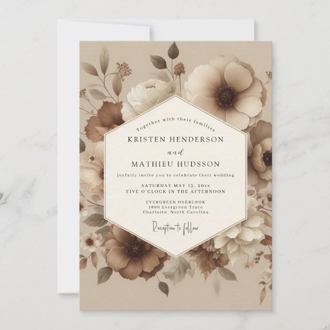 Taupe Washed Floral Wedding Inbjudningar (Framsida)