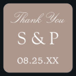 Taupe Wedding Favor Tack Sticker Fyrkantigt Klistermärke<br><div class="desc">Taupe Wedding Favor Tack Sticker,  anpassa med initialer hos paret och datumet för bröllop,  med hjälp av mallen för anpassning av onlinen före beställning.</div>