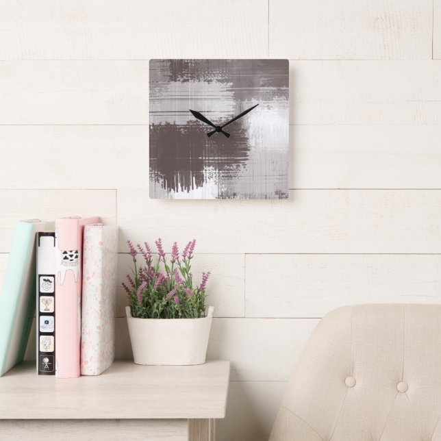 Taupe White Abstrakt Brushstrokes Fyrkantig Klocka (Läsesal)