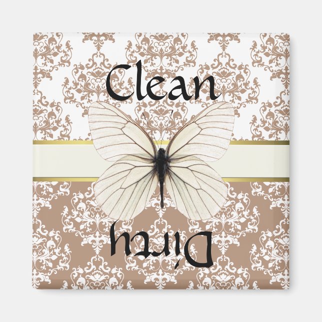 Taupe & White Damask Butterfly Dishwasher Magnet (Framsidan)