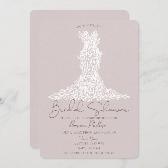 Taupe & White Löv Dress Modern Möhippa Inbjudningar (Fram/baksida)