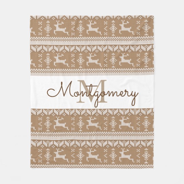 Taupe & White Reindeer Nordic Sweater Mönster Fleecefilt (Framsidan)