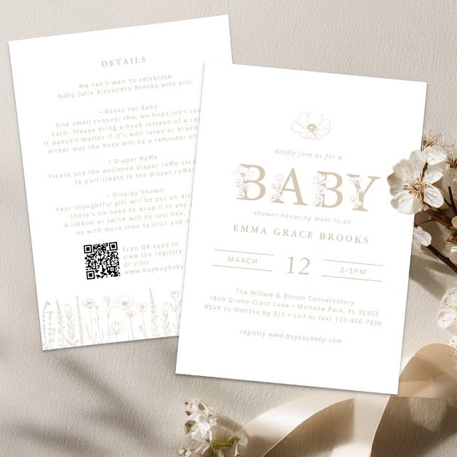Taupe Wildflower Baby Shower All-in-One Invitation Inbjudningar (Taupe Baby Shower Invite)
