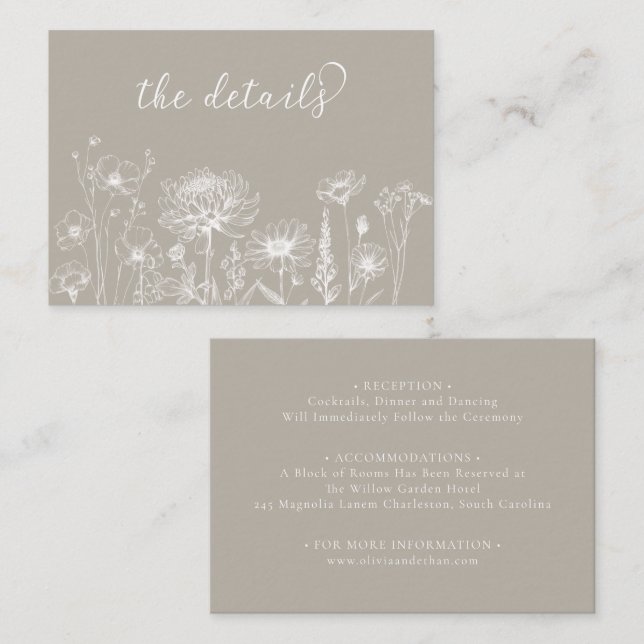 Taupe Wildflower Details Card Neutral Wedding  Tilläggskort (Fram/baksida)