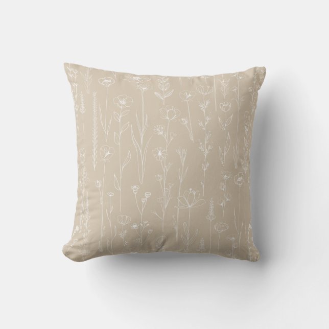 Taupe Wildflower Line Art Floral Throw Pillow Kudde (Framsida)